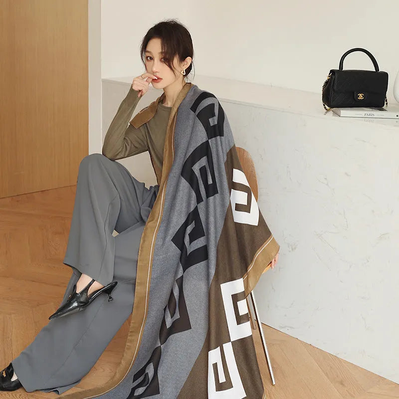 Women's printed polyester scarf showing 180cm length and 90cm width dimensions with autumn-appropriate design