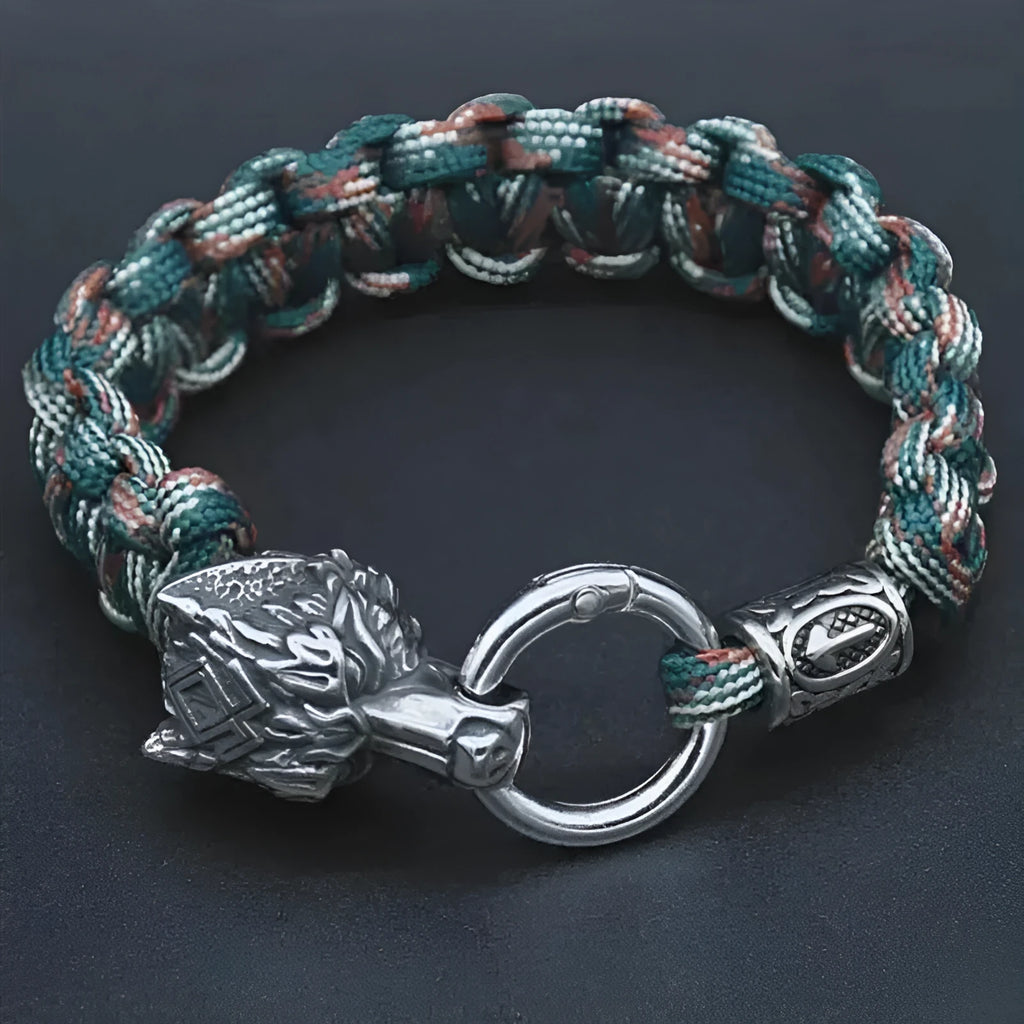 Handmade stainless steel wolf head bracelet with Luen character in camouflage colour.