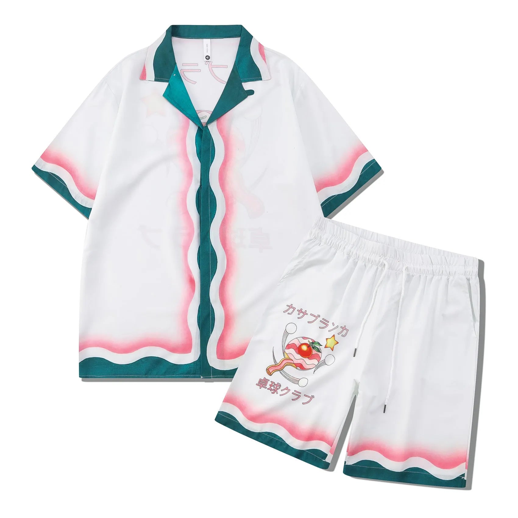 Plaid printed beach outfit set for men and women, featuring a short sleeve shirt and matching trousers.