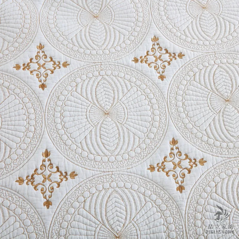 Pure cotton embroidered bed cover three-piece set with European-style detailing