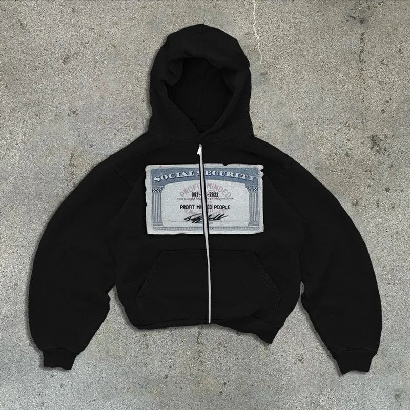 Loose fit zip hoodie jacket for men and women in black colour with letter pattern and front zipper