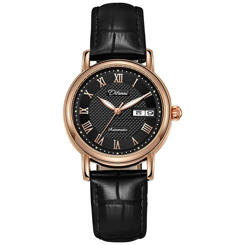 Women's automatic mechanical fashion watch with steel bracelet and leather strap options