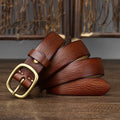 Handmade genuine leather belt with antique copper buckle, 2.8cm wide, 4mm thick, 120cm length, in black colour on wooden surface