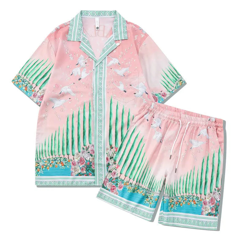 Plaid printed beach outfit set for men and women, featuring a short sleeve shirt and matching trousers.