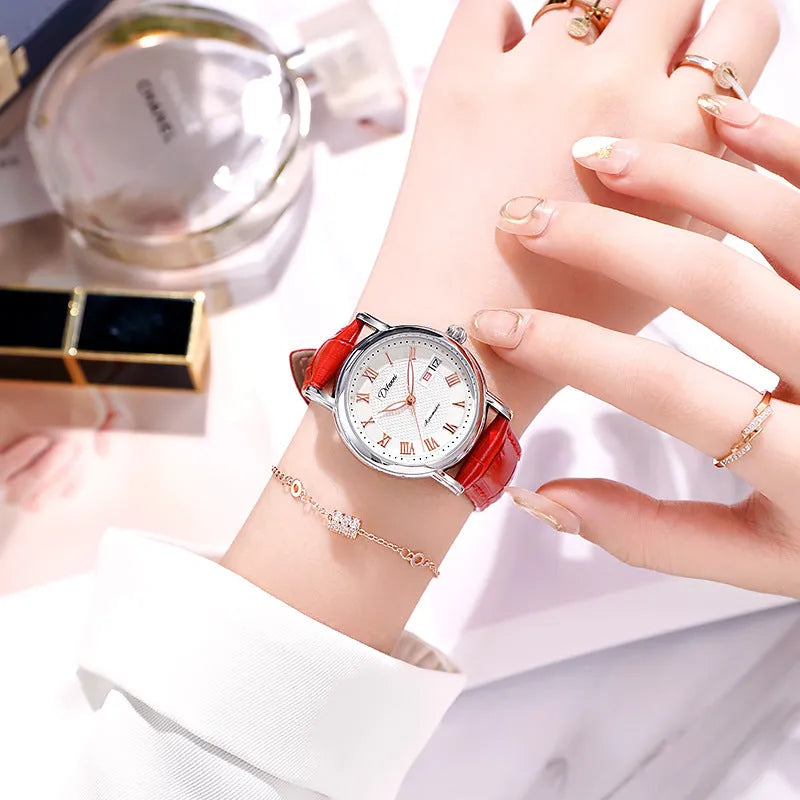 Women's automatic mechanical fashion watch with steel bracelet and leather strap options