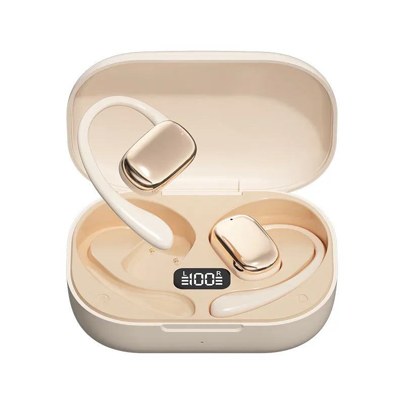 Ear-mounted headphones with digital display screen in black, white and skin colour options