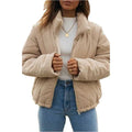 Women's apricot corduroy wadded jacket with stand collar and full-length front zipper showing street fashion styling