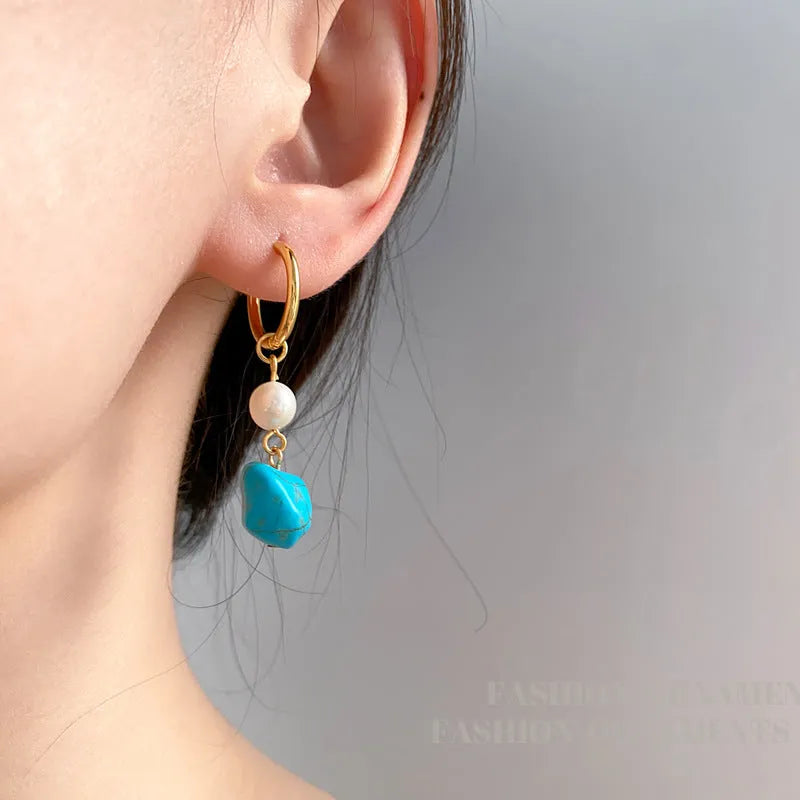 Geometric copper earring set with turquoise stones and cultured pearls, showing both clip and dangle styles