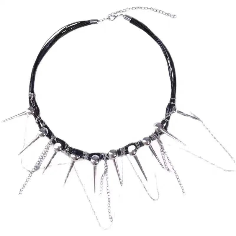 Leather necklace with round beads, winding tassel, and point rivet details in casual style