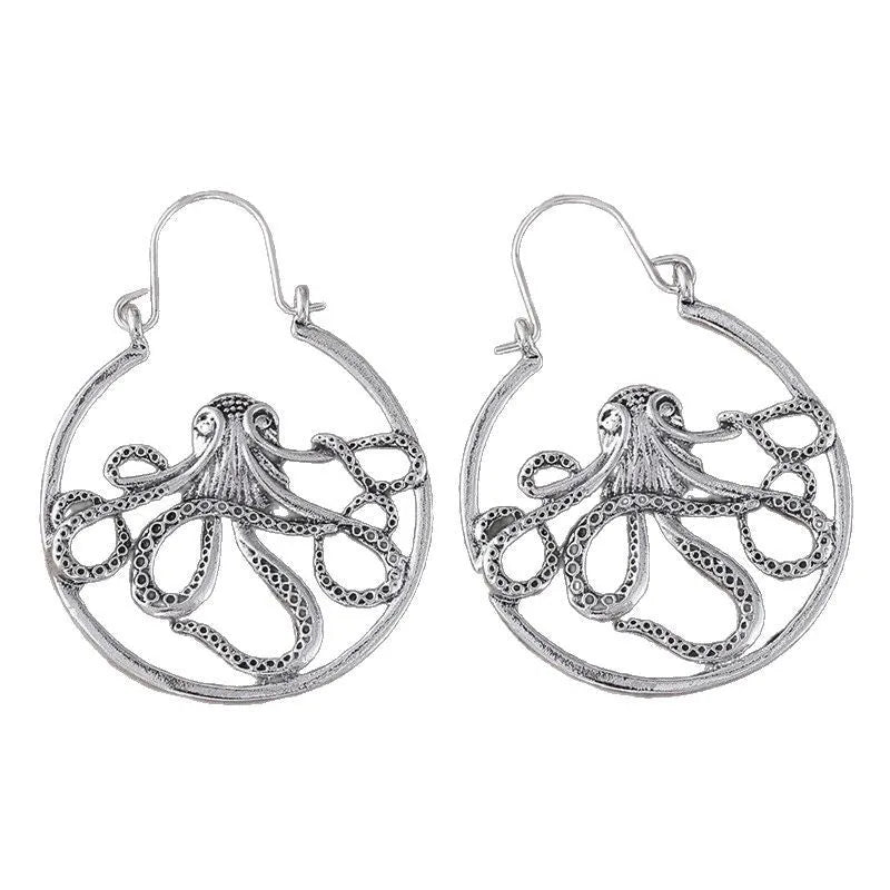 Vintage alloy octopus earrings with antique silver finish and retro animal design