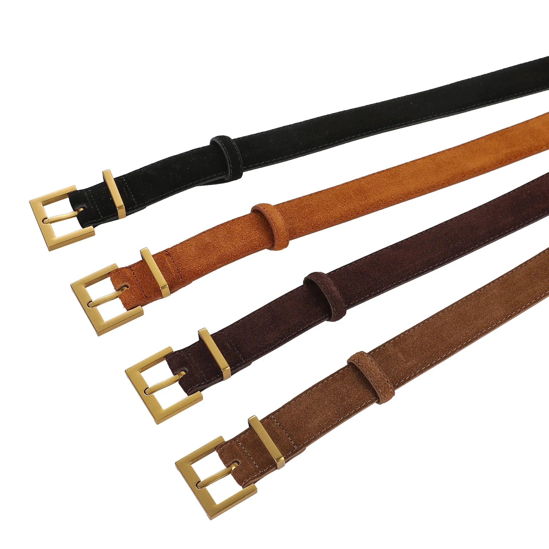 Ladies black genuine leather belt with a silver-toned quadrilateral alloy pin buckle laid flat.