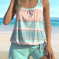 Women's blue striped colour split bikini set in sky blue, made from polyester fibre, available in plus sizes 1XL to 5XL.