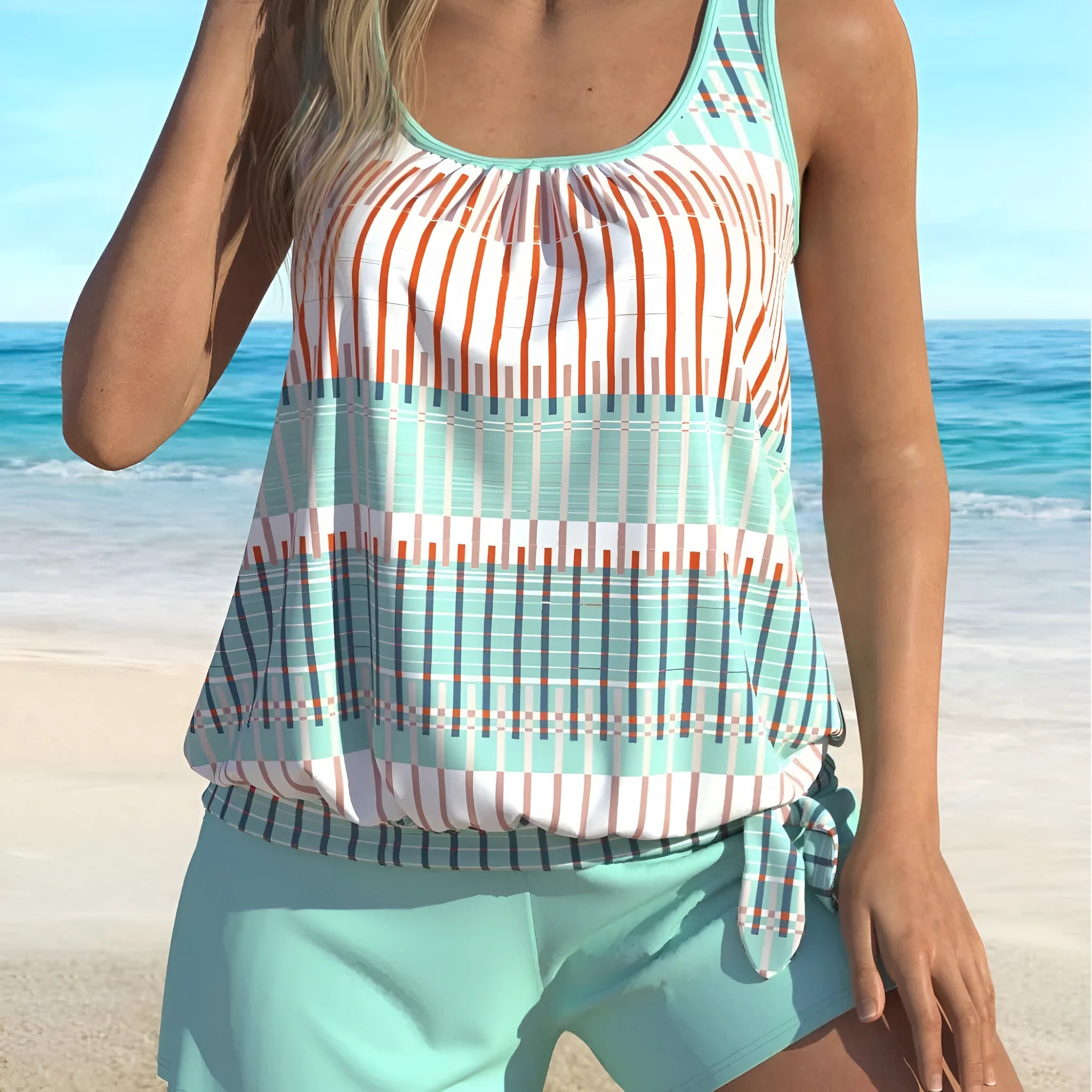 Women's blue striped colour split bikini set in sky blue, made from polyester fibre, available in plus sizes 1XL to 5XL.