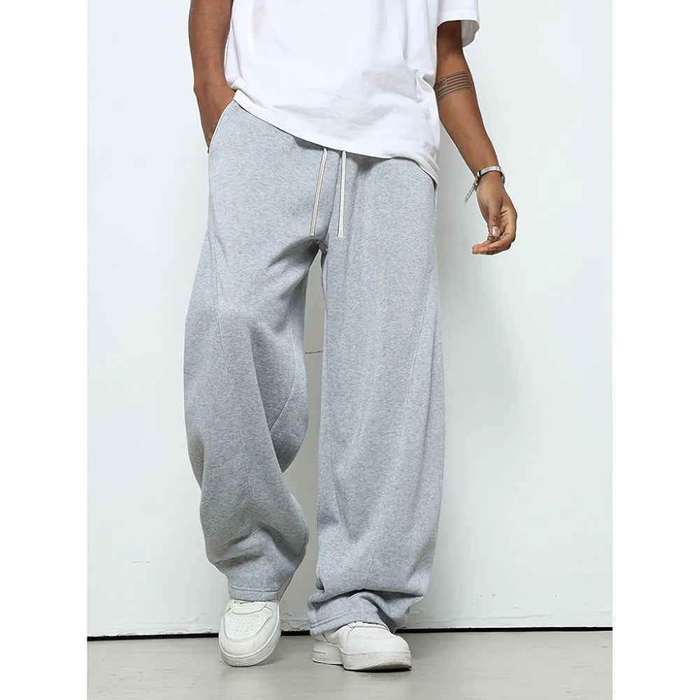 Men's straight leg polyester casual trousers in black with micro-elastic drawstring waistband