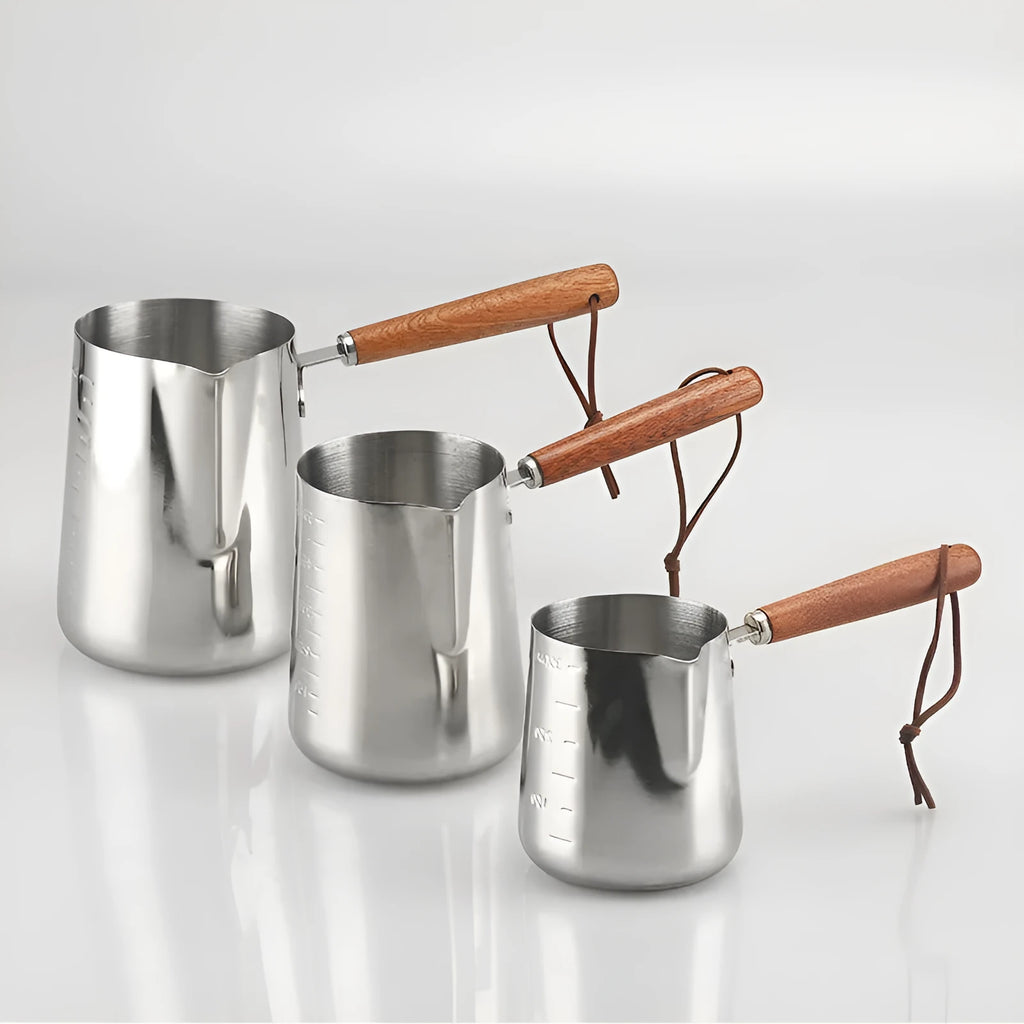 Stainless steel coffee cup with wooden handle, garland design, in modern simple style.
