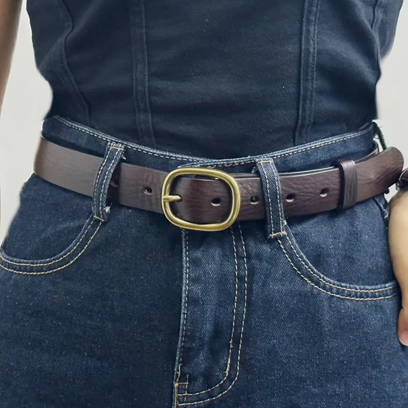 Handmade genuine leather belt with antique copper buckle, 2.8cm wide, 4mm thick, 120cm length, in black colour on wooden surface