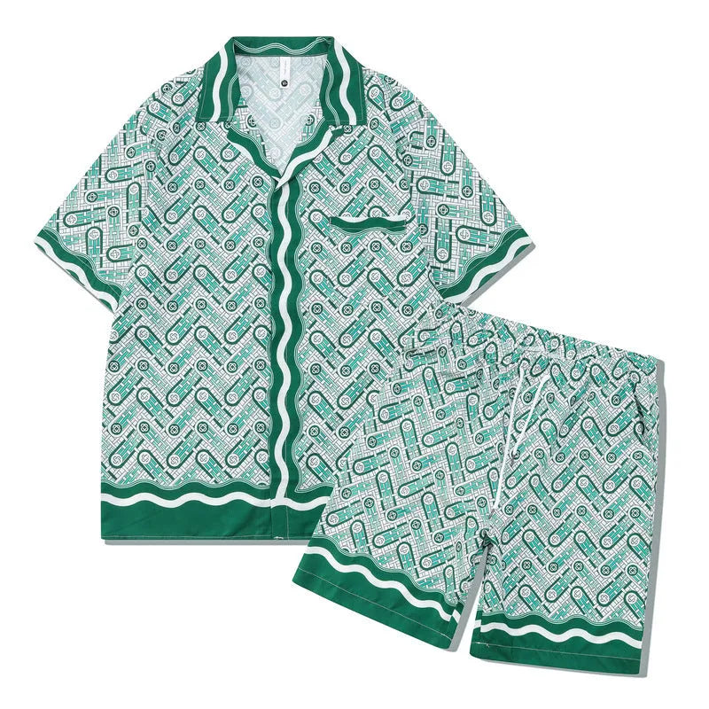 Plaid printed beach outfit set for men and women, featuring a short sleeve shirt and matching trousers.