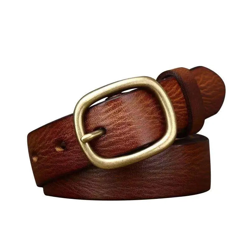 Handmade genuine leather belt with antique copper buckle, 2.8cm wide, 4mm thick, 120cm length, in black colour on wooden surface