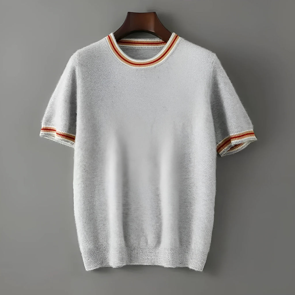 Men's round neck pure wool short sleeve sweater in grey shown front view