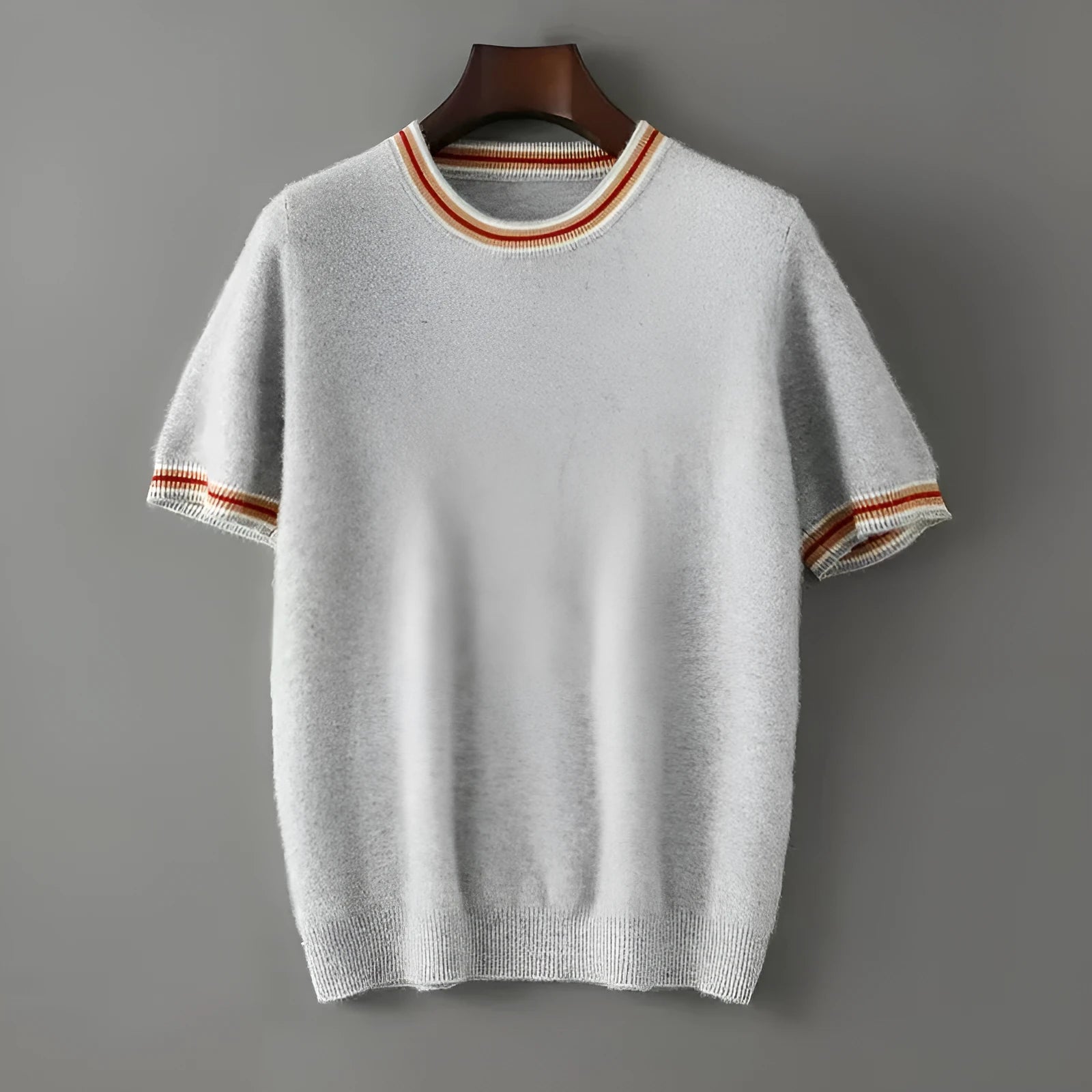 Men's round neck pure wool short sleeve sweater in grey shown front view