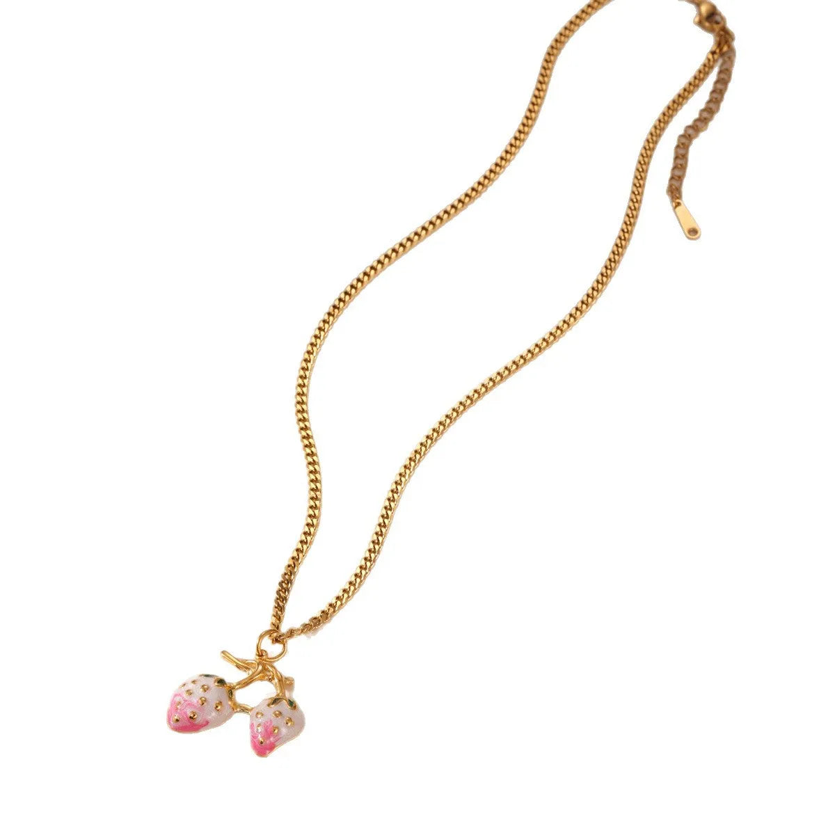 Close-up of a women's stainless steel strawberry pendant necklace on an alloy chain, showing red and white gradient colour options.