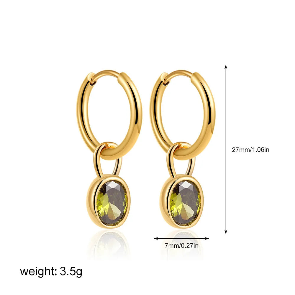 Women's copper oval zircon earrings in retro style, showing colour options including emerald and army green.