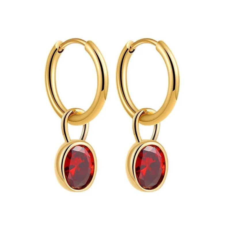 Women's copper oval zircon earrings in retro style, showing colour options including emerald and army green.