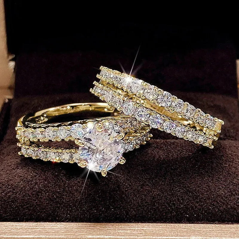 2-in-1 fully-jewelled female ring set in silver, gold, and rose gold colours with geometric design
