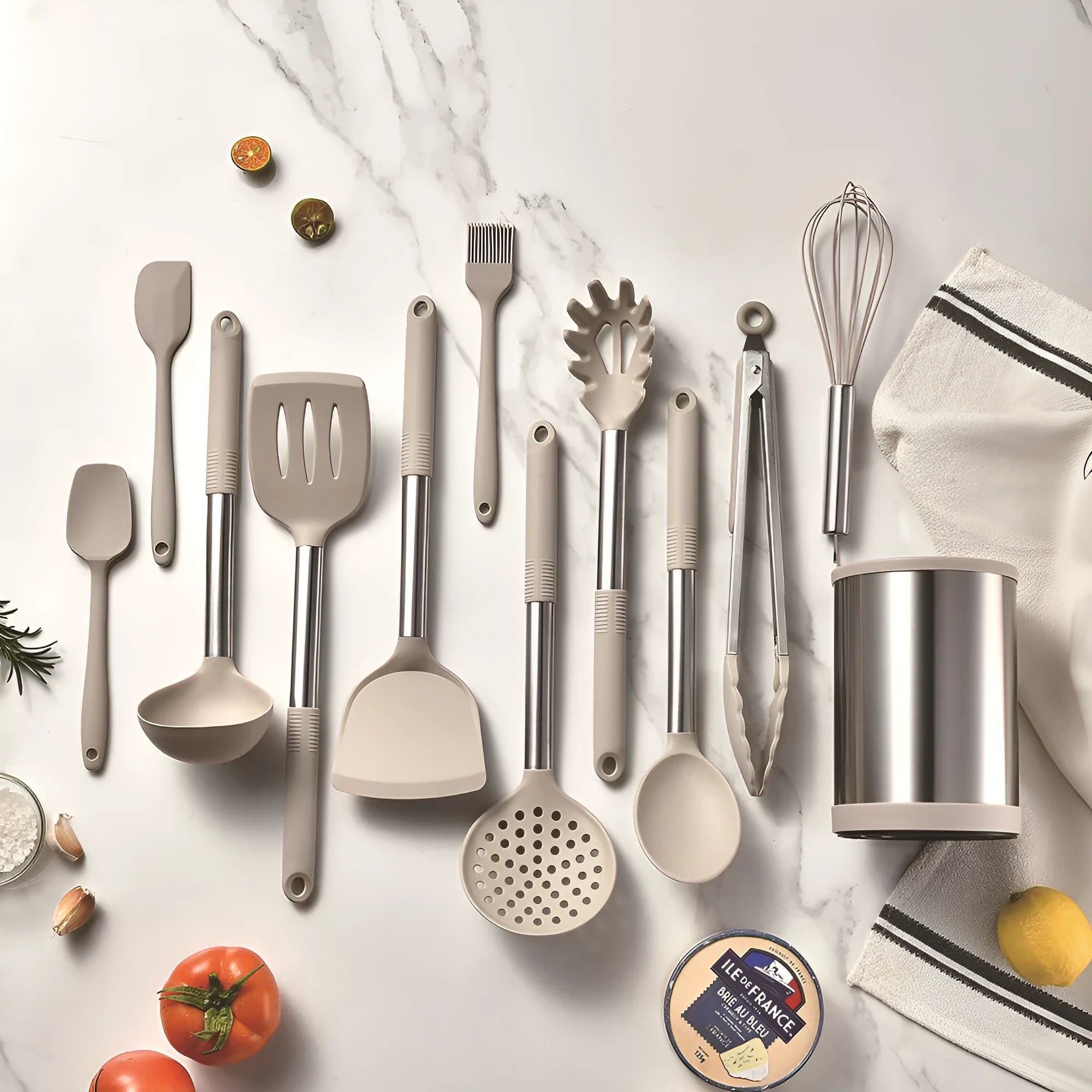 12 piece silicone kitchenware set with rotating storage bucket containing ladle spatula and clips