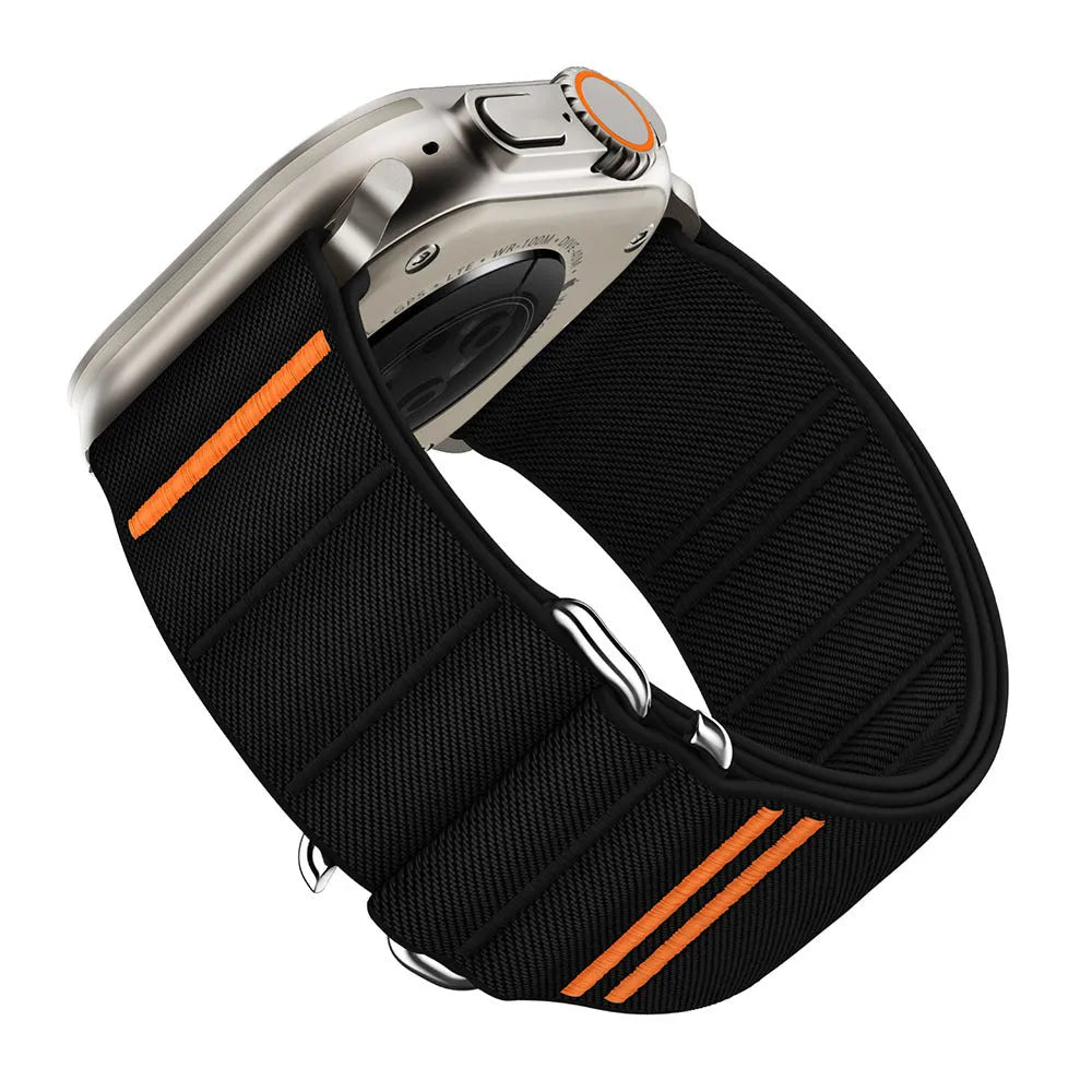 Elastic nylon Apple Watch band with stainless steel buckle shown in Army Green colour.