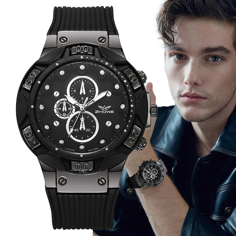 Men's sports quartz watch with 45mm round alloy case and black silicone strap on a white background