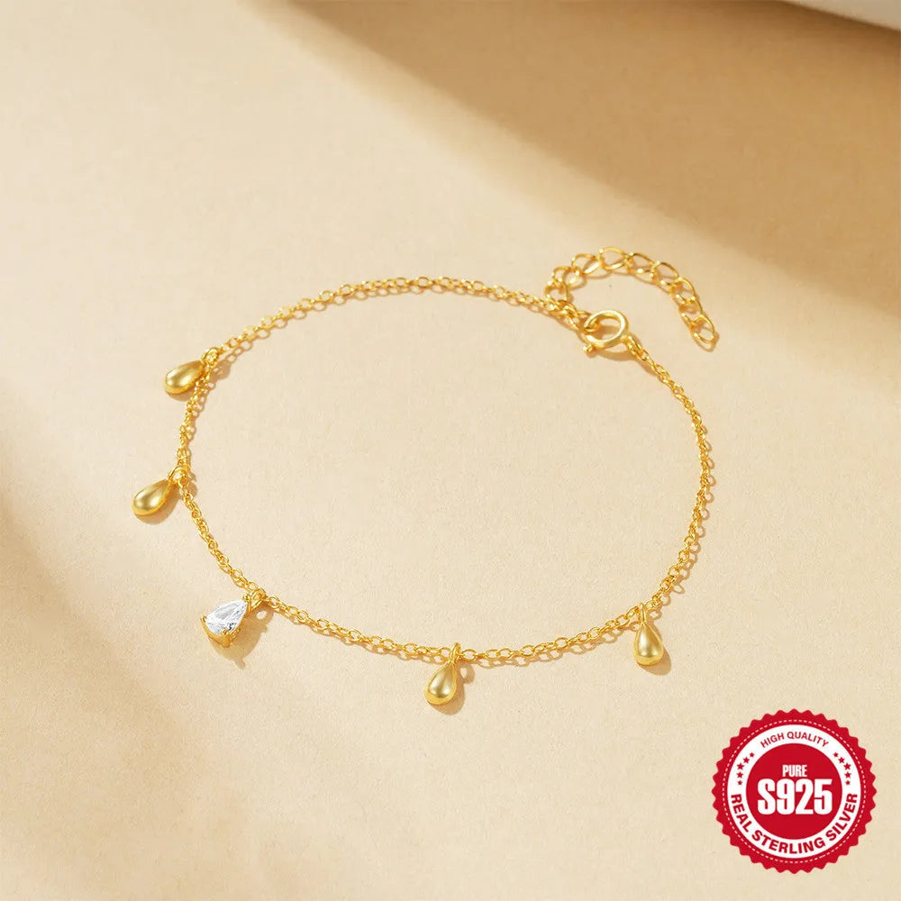 S925 sterling silver water drop diamond pendant bracelet in gold colour, simple geometric style for women