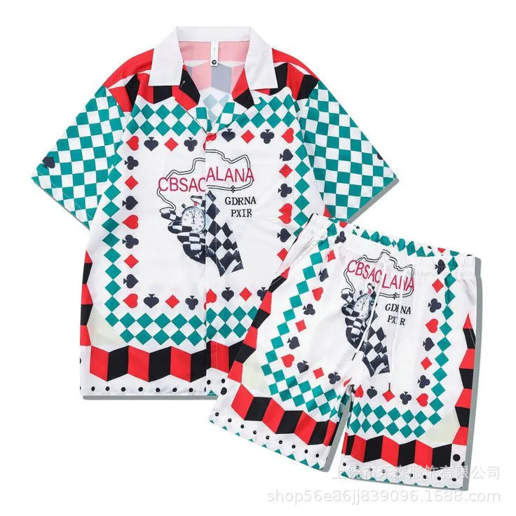 Plaid printed beach outfit set for men and women, featuring a short sleeve shirt and matching trousers.