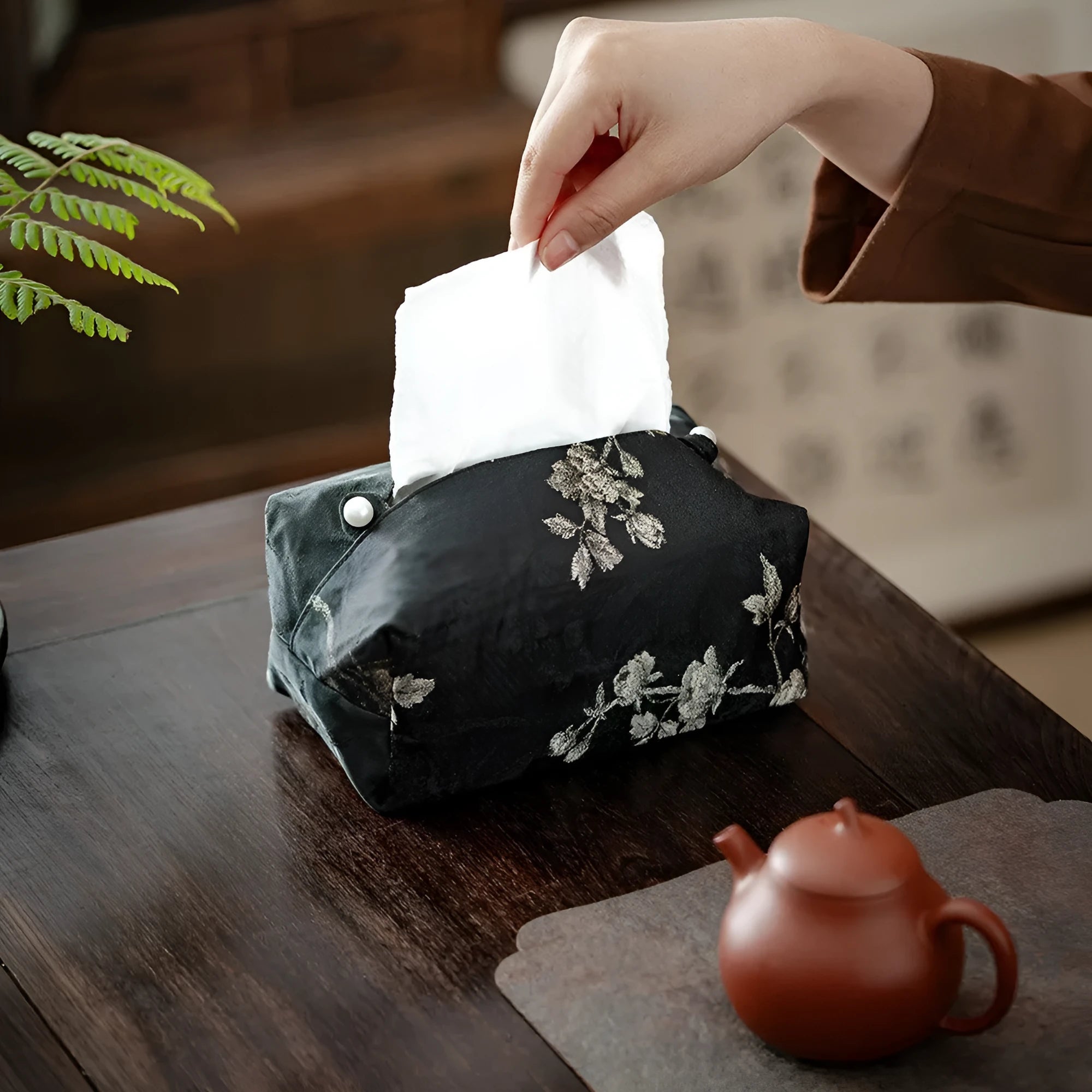 White plum embroidered Chinese style fabric tissue box cover with optional pearl buckle.