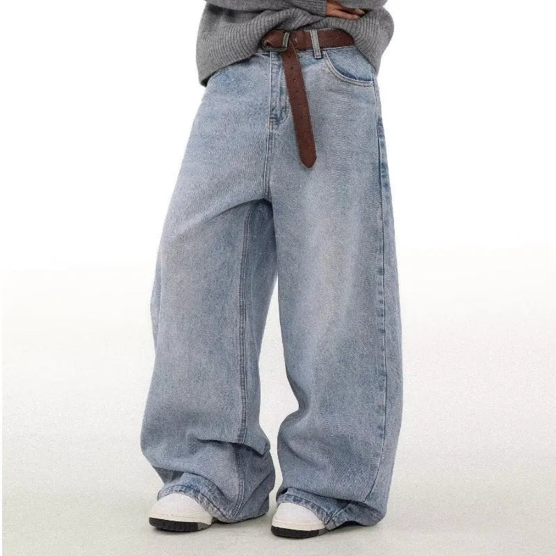 Retro washed distressed straight jeans for men in blue, mid waist cotton denim trousers with zipper fly