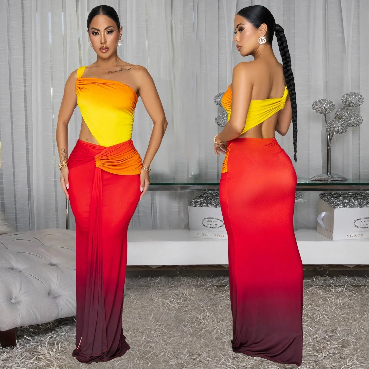 Women's long dress with gradient colour pattern and asymmetrical cross-shoulder neckline