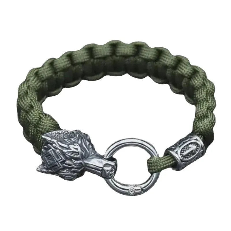 Handmade stainless steel wolf head bracelet with Luen character in camouflage colour.