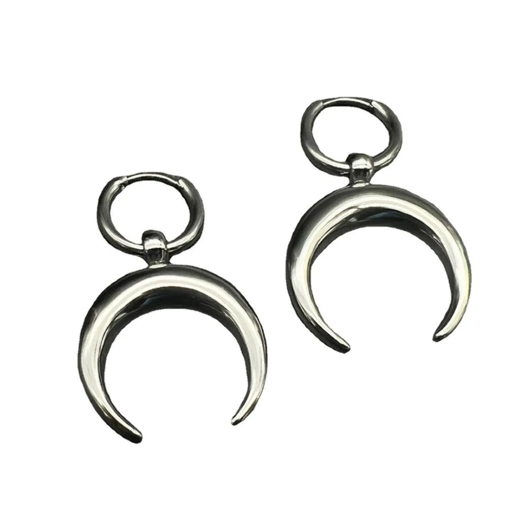 Vintage gothic moon hoop earrings with silver electroplated finish and clip-on fitting