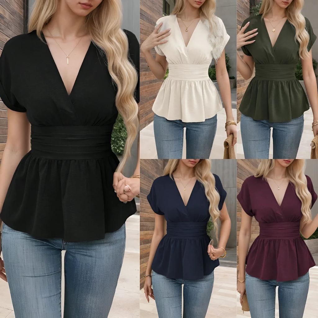 Women's solid colour V-neck pleated waist tight shirt top in polyester, short sleeves, slim fit, available in Black, Apricot, Army Green, Dark Blue, Wine Red