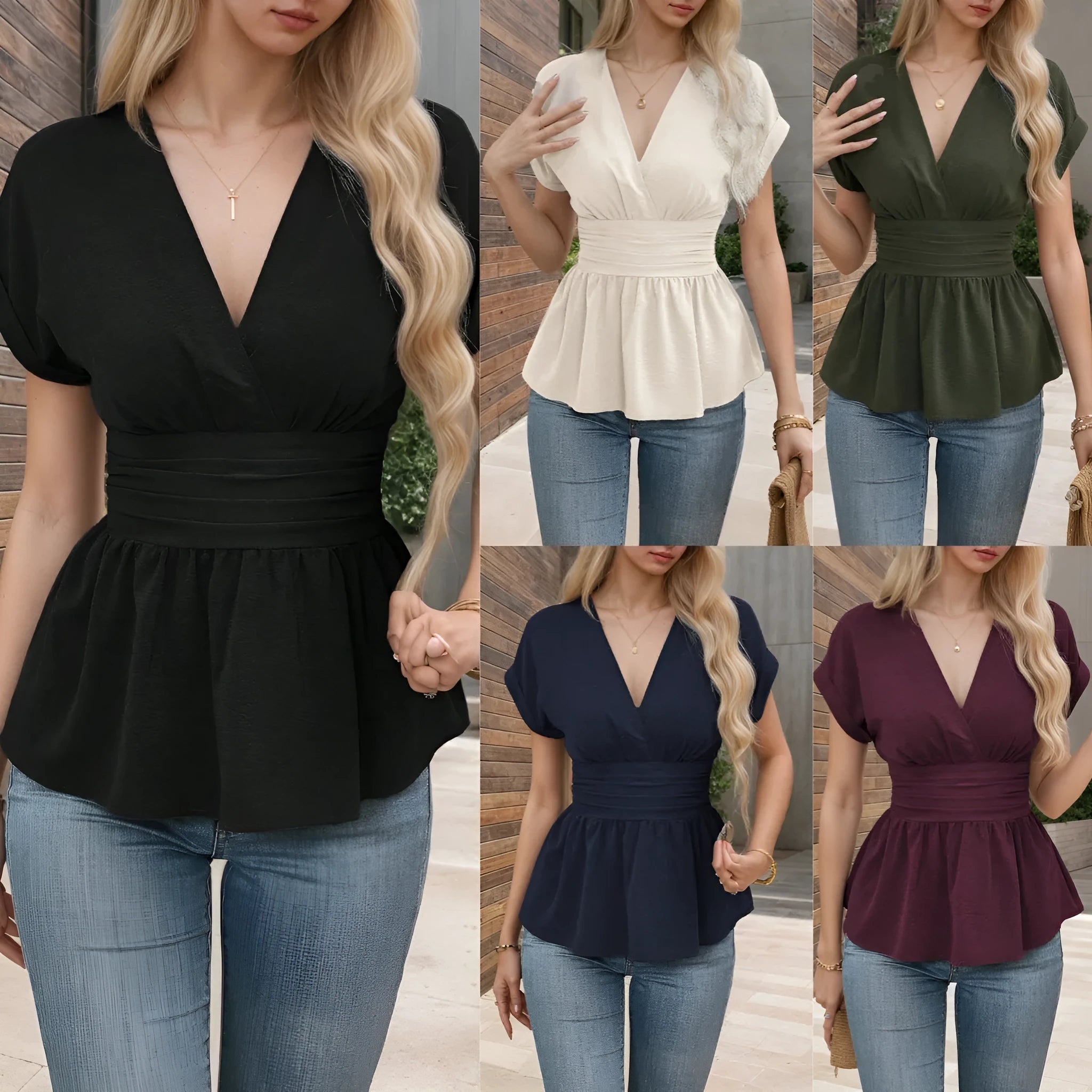 Women's solid colour V-neck pleated waist tight shirt top in polyester, short sleeves, slim fit, available in Black, Apricot, Army Green, Dark Blue, Wine Red