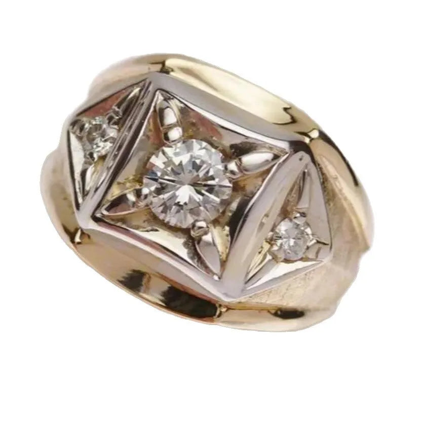 Gold colour geometric hollow copper couple rings with chamfering square pattern