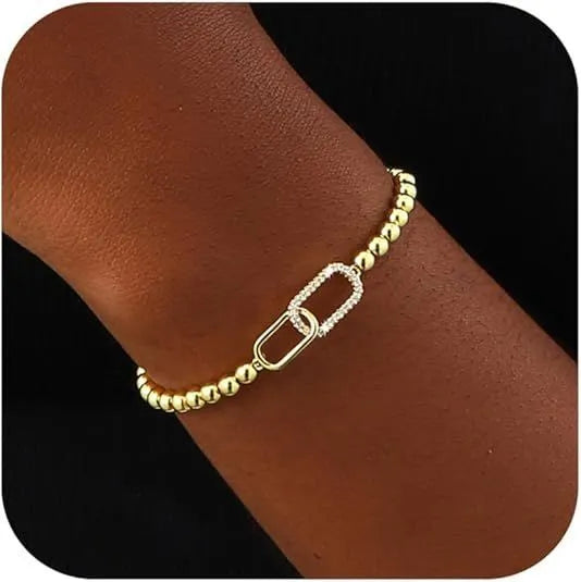 Adjustable geometric beaded bracelet for women in stainless steel with round beads
