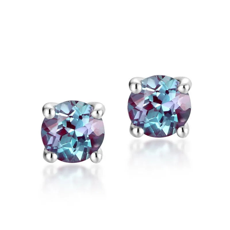 925 sterling silver ear studs with cultivated Alexandrite stones in round geometric shapes