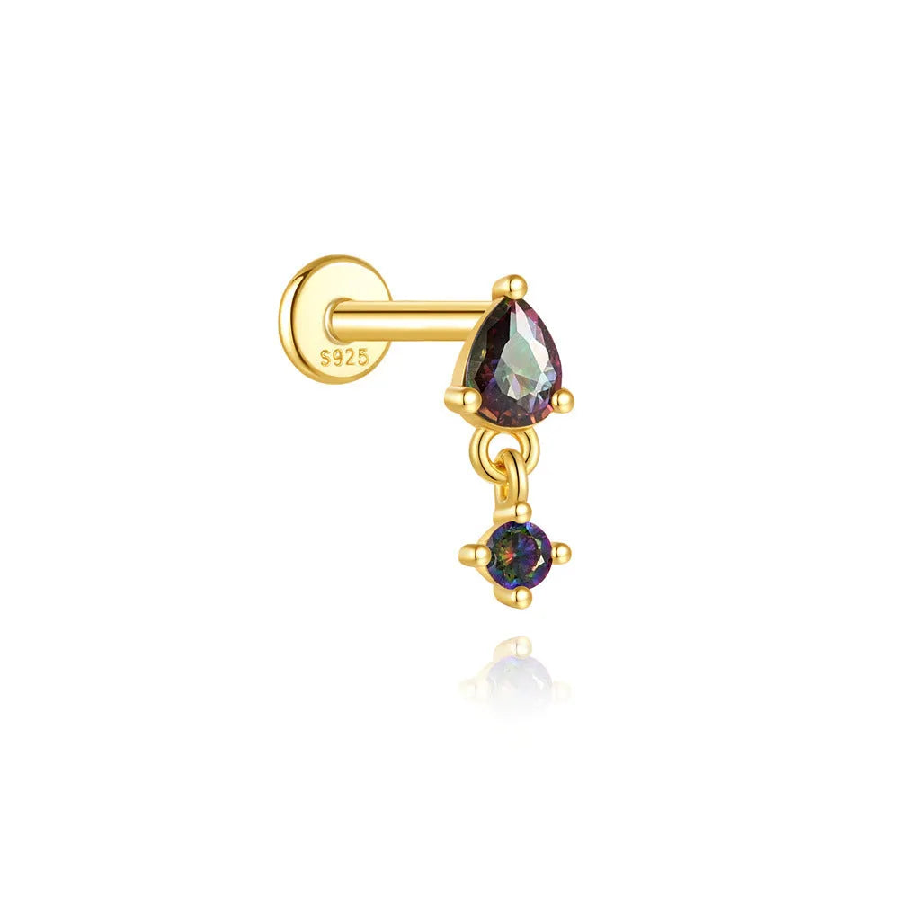 S925 sterling silver thread piercing earring with a shiny rainbow stone in a gold setting