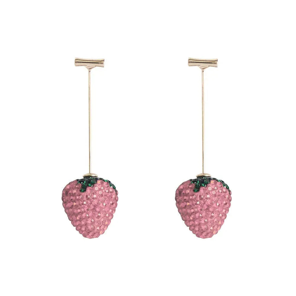 Geometric zinc alloy stud earrings with a strawberry design in red spot drill finish.