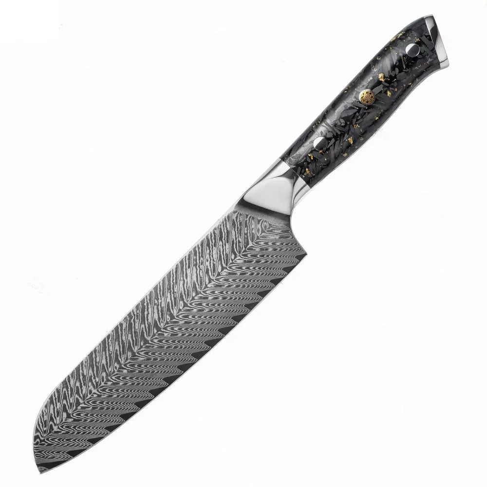 Damascus pattern chef knife set with 8 different blades including kitchen, Japanese, boning, utility, steak and fruit knives