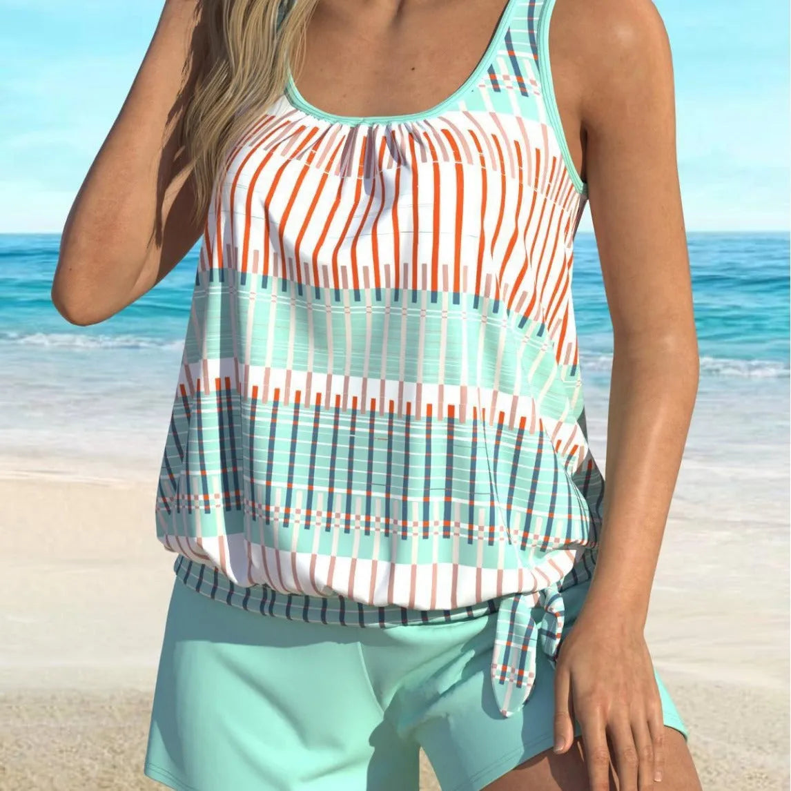 Women's blue striped colour split bikini set in sky blue, made from polyester fibre, available in plus sizes 1XL to 5XL.