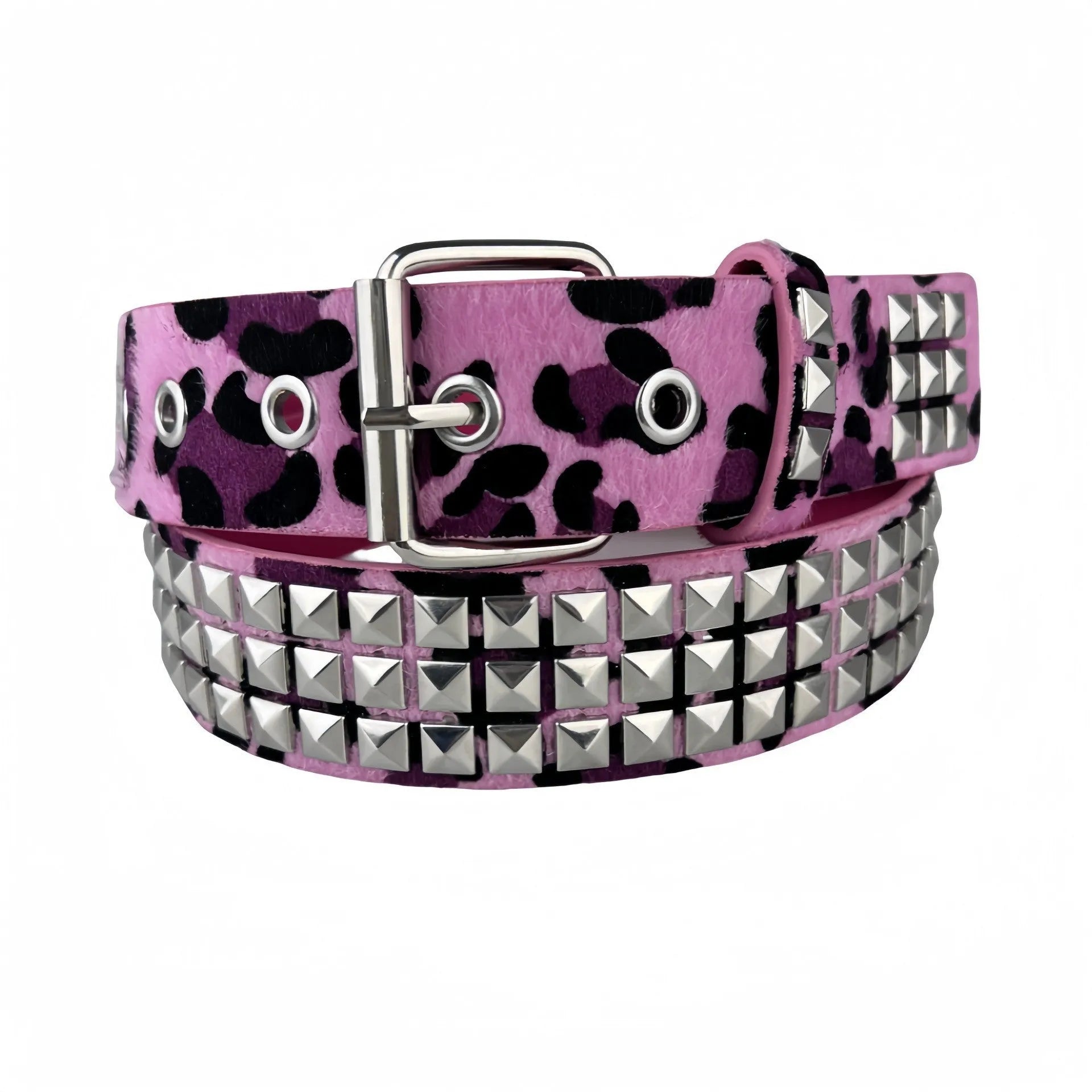 Punk women's belt with metal rivets in leopard or zebra print patterns showing alloy buckle
