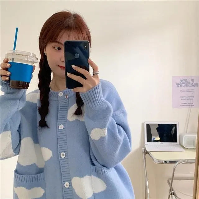 Women's blue cloud-patterned spandex cardigan sweater coat with loose fit and long sleeves