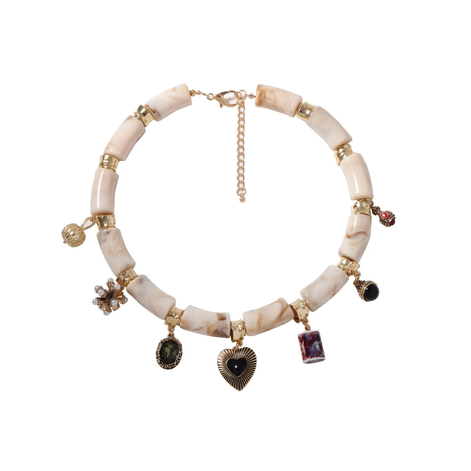 Heart-shaped resin bamboo pendant necklace with electroplated finish